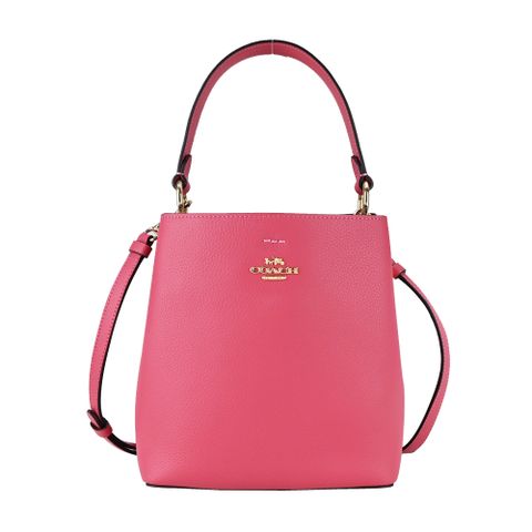 COACH 經典馬車素面荔枝紋皮革水桶包(莓粉)