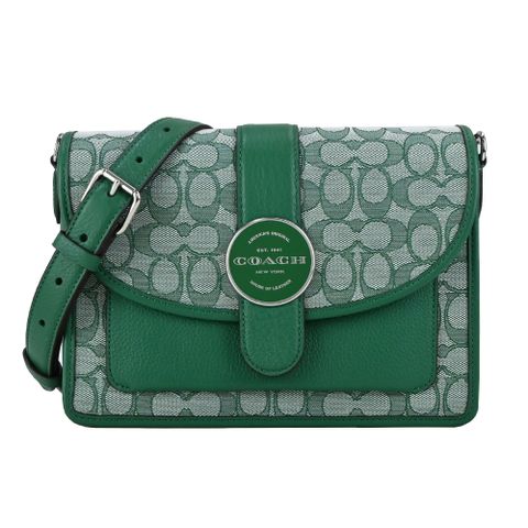 COACH 新款圓扣緹花C拼接皮革翻蓋斜背包(綠)