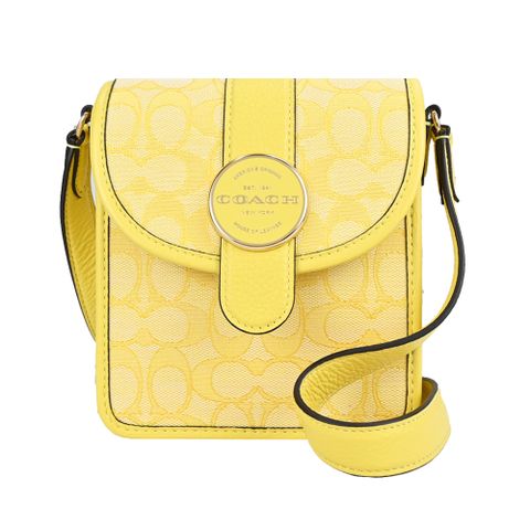 COACH 新款圓扣緹花C拼接皮革斜背手機包(復古黃)