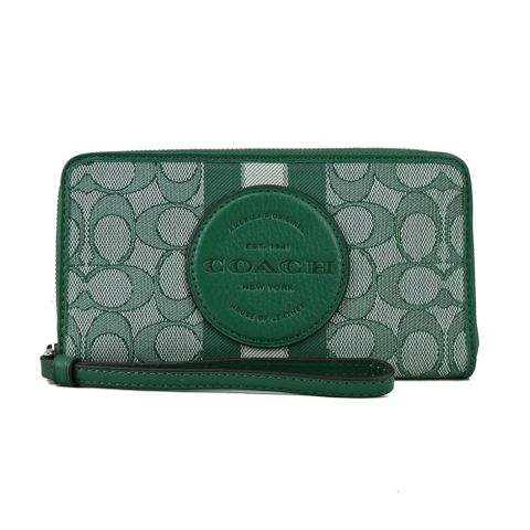 COACH 圓標LOGO緹花C拉鍊對開長夾(綠)