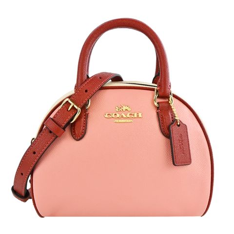 COACH 經典馬車撞色防刮皮革雙拉鍊手提/斜背小圓包(粉x米白)