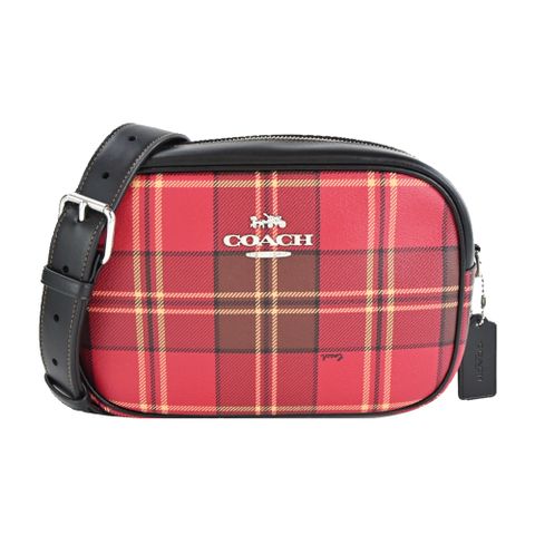 COACH 蘇格蘭紋印花PVC斜背相機包(黑x紅)