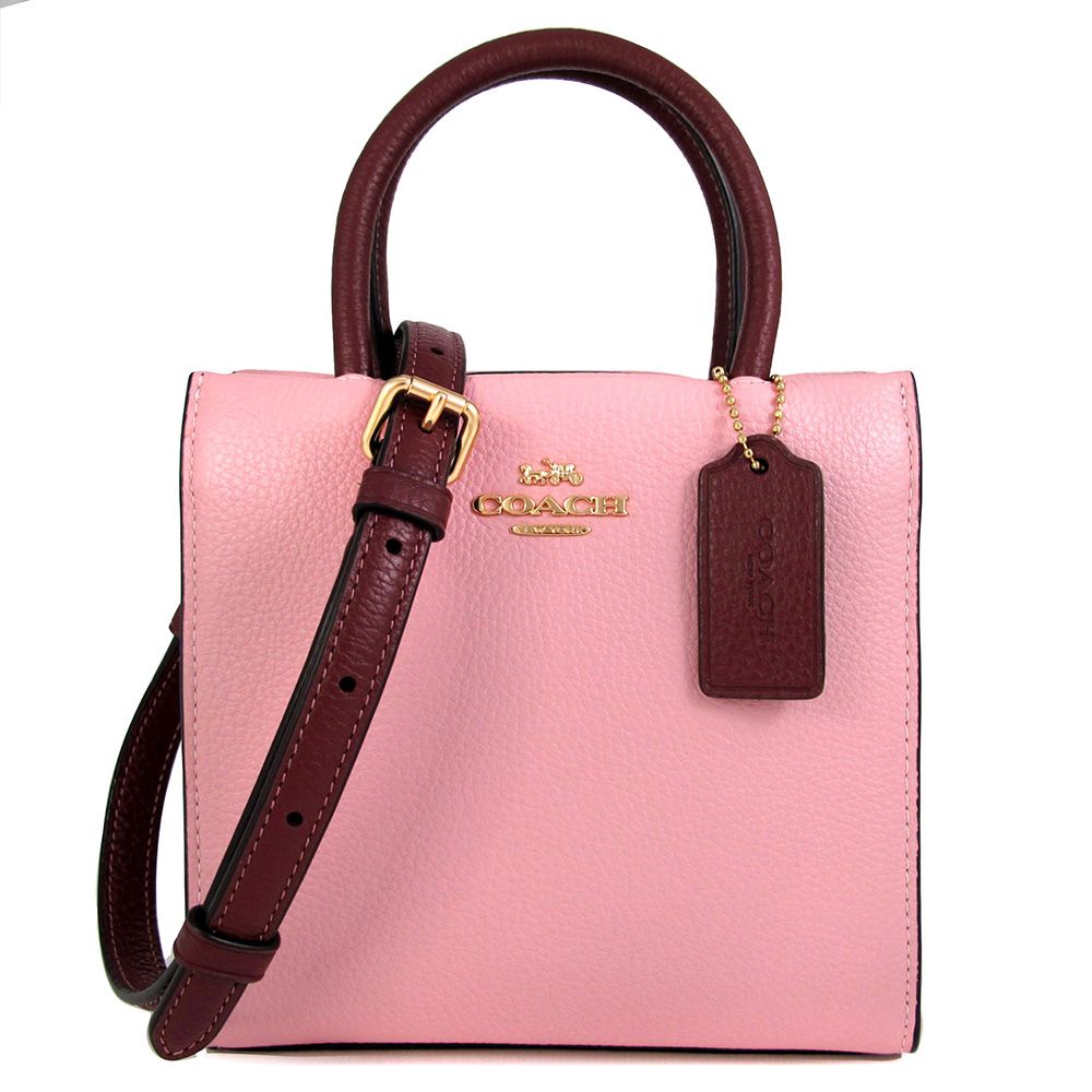 COACH 蔻馳  CALLY 金馬車Logo鵝卵石紋粉X酒紅色皮革迷你琴譜兩用包