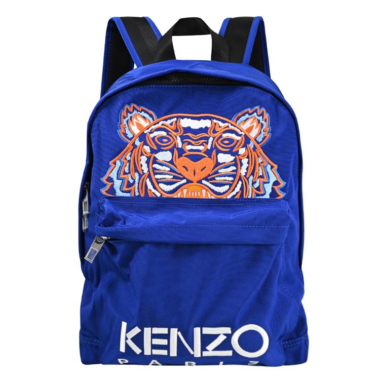 KENZO 高田賢三  5SF300 撞色電繡虎頭帆布休閒後背包.藍/橘 大