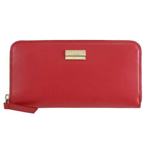 TODS 金屬LOGO滑面牛皮拉鍊長夾.亮紅