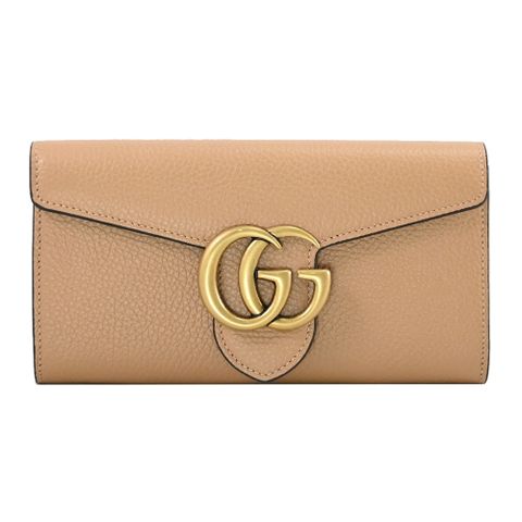 GUCCI 古馳 GG Marmont 金屬LOGO翻蓋釦式長夾.裸色