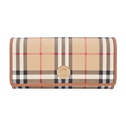 BURBERRY 浮雕LOGO格紋翻蓋長夾(卡其)