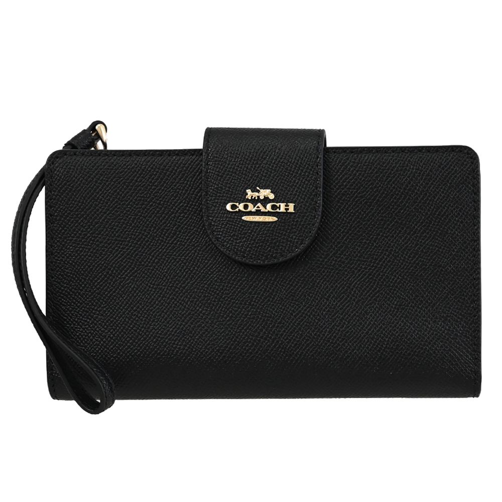 COACH 蔻馳 經典馬車LOGO皮革扣式手機長夾.黑