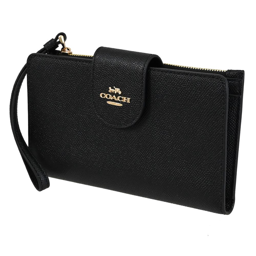 COACH 蔻馳 經典馬車LOGO皮革扣式手機長夾.黑