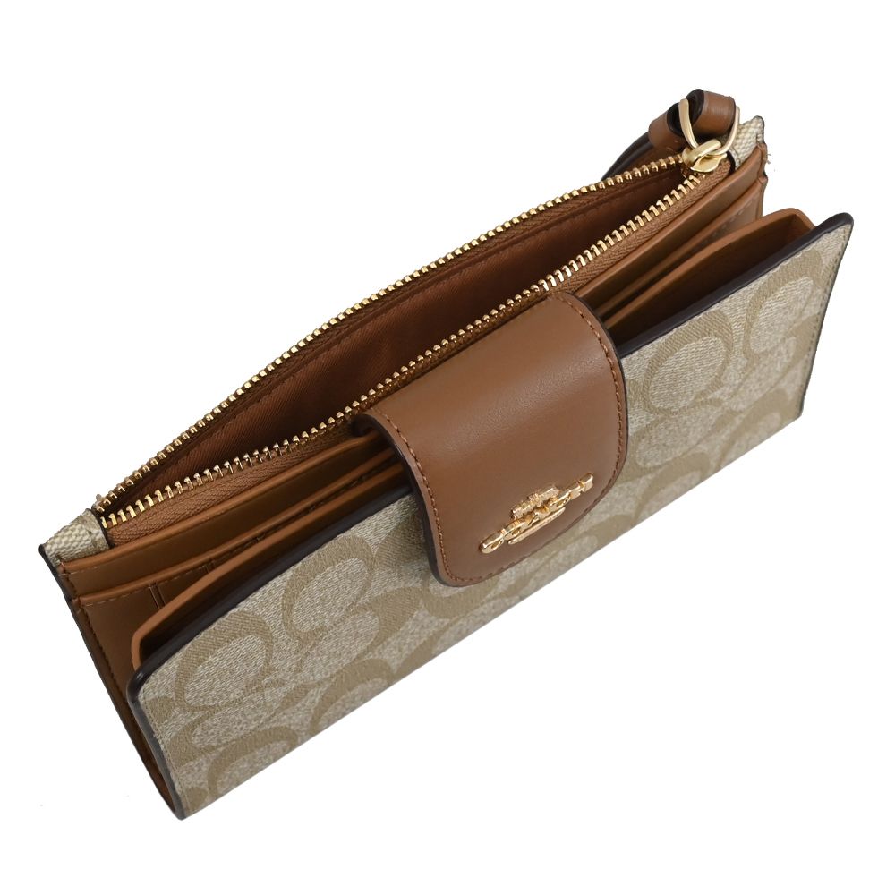 COACH 蔻馳 馬車LOGO印花撞色拼接手機長夾.卡其/咖邊