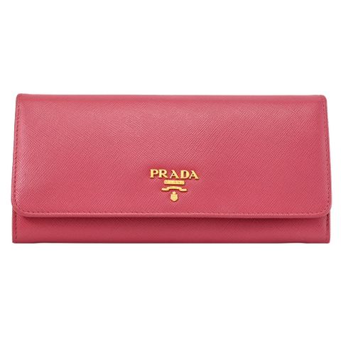 PRADA 普拉達 浮雕LOGO防刮翻蓋雙扣式長夾.桃粉色