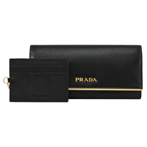 PRADA 普拉達 浮雕LOGO防刮附證件卡夾雙扣長夾.黑