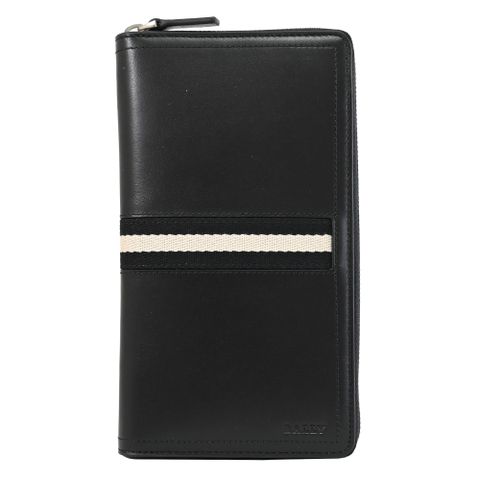 BALLY 6233892 TEVIN 黑白織帶牛皮對開拉鍊寬版長夾.黑