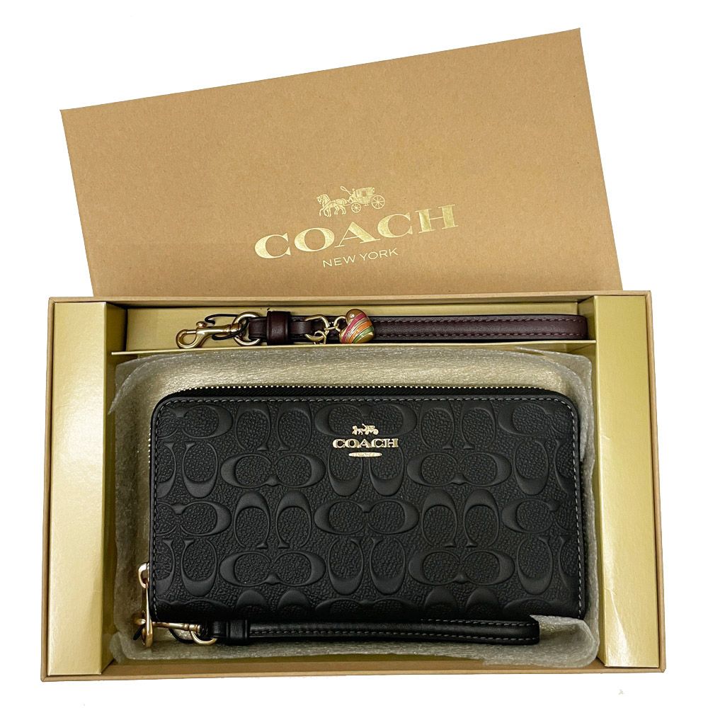 COACH 蔻馳 浮雕C LOGO雙手掛吊飾長夾禮盒(黑)