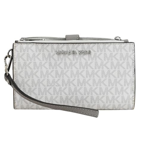 【福利品】MICHAEL KORS JET SET TRAVEL 手提式印花雙拉鍊中長夾.白/灰