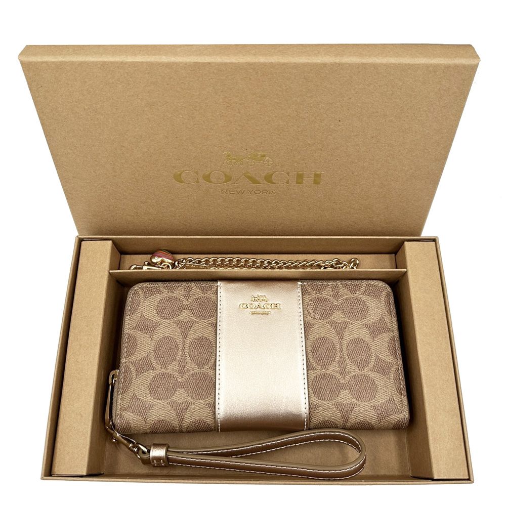 COACH 蔻馳 C LOGO雙手掛吊飾長夾禮盒(金)