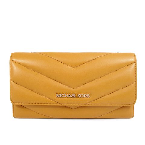 MICHAEL KORS JET SET TRAVEL 金字Logo菊黃色山型紋绗縫三折式長夾