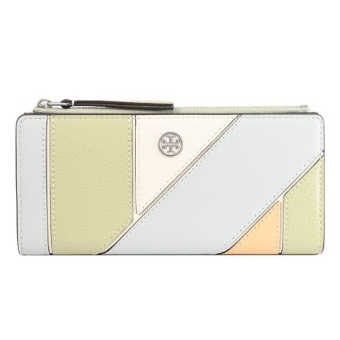 TORY BURCH 金屬LOGO幾何拼接對開零錢長夾.淺灰/綠