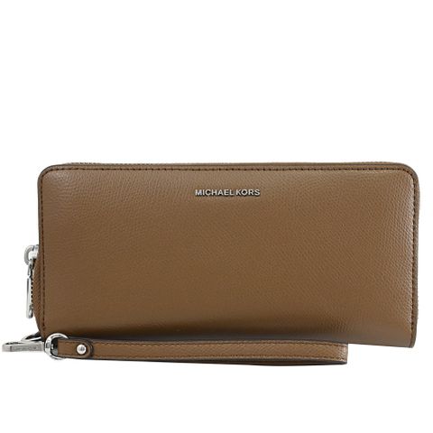 MICHAEL KORS JET SET 金屬LOGO荔枝紋手提拉鍊長夾.深棕