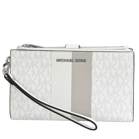 MICHAEL KORS JET SET 印花條紋手提式雙拉鍊中長夾.白/灰