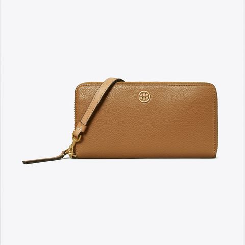 【TORY BURCH】專櫃經典款 Robinson 防刮皮革拉鍊長夾 手拿包 手機包手掛式長夾 (駝色)