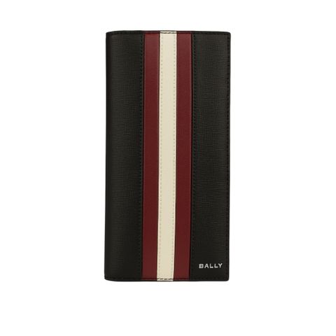 BALLY Mythos 紅白條紋再生牛皮對開二折長夾(黑色) 6308477