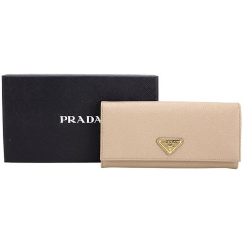 PRADA 普拉達 Saffiano 三角牌防刮牛皮10卡釦式長夾(粉裸色)