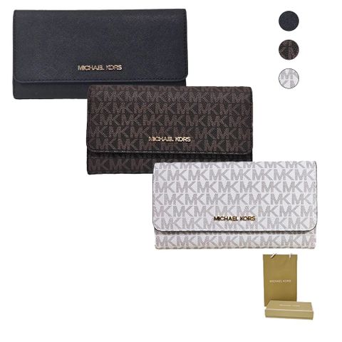 Michael Kors MK  J金字Logo滿版三折壓扣式多卡長夾 (香草白/深咖啡/防刮黑 贈原廠紙袋紙盒/送禮)