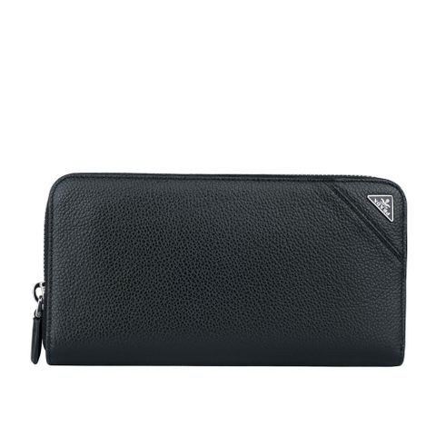 PRADA 銀色三角牌Logo 粒紋皮革ㄇ型拉鍊長夾(黑色) 2ML317 2CB2 F0002