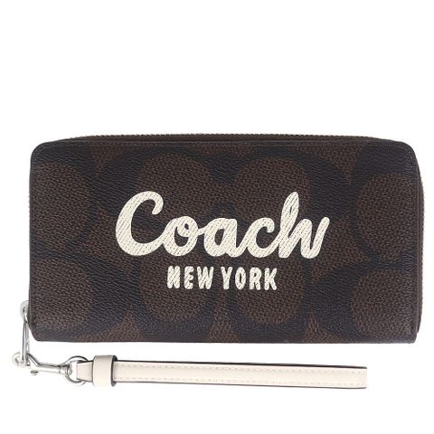 COACH 咖啡防水帆布馬車標誌白提把拉鍊長夾