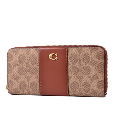 COACH 專櫃款 經典緹花LOGO防刮拉鍊長夾-焦糖色