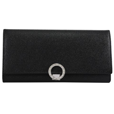 BVLGARI 寶格麗 35939 金屬釦刻印LOGO牛皮翻蓋長夾.黑/藍