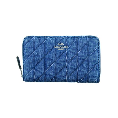 COACH丹寧藍銀字C Logo衍縫拉鍊中長夾