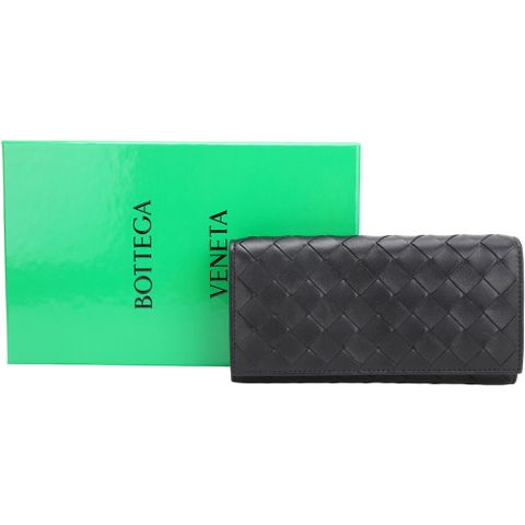 BOTTEGA VENETA 寶緹嘉 Intrecciato 編織皮革12卡翻蓋釦式長夾(黑色)