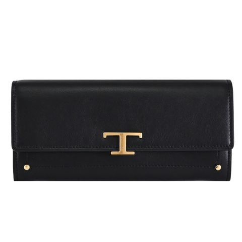 TODS T Timeless 金屬LOGO牛皮翻蓋釦式長夾.黑