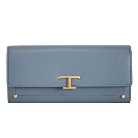 TODS T Timeless 金屬LOGO牛皮翻蓋釦式長夾.灰藍