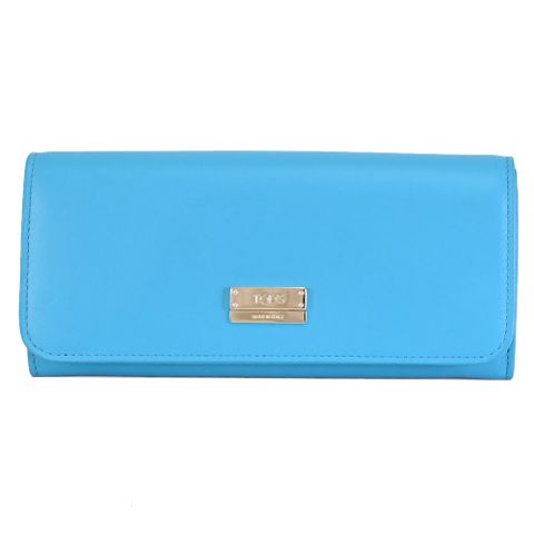 TODS 金屬LOGO滑面牛皮翻蓋釦式長夾.亮藍