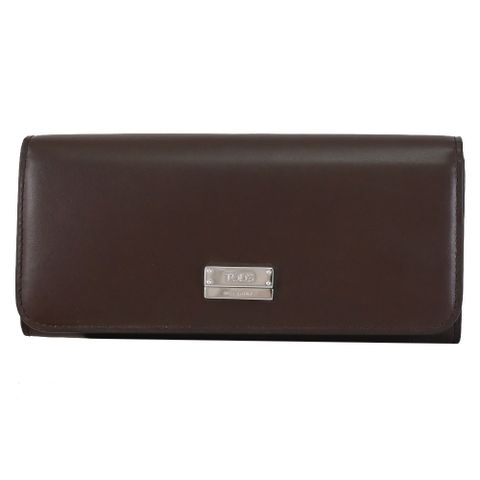 TODS 金屬LOGO滑面牛皮翻蓋釦式長夾.深咖