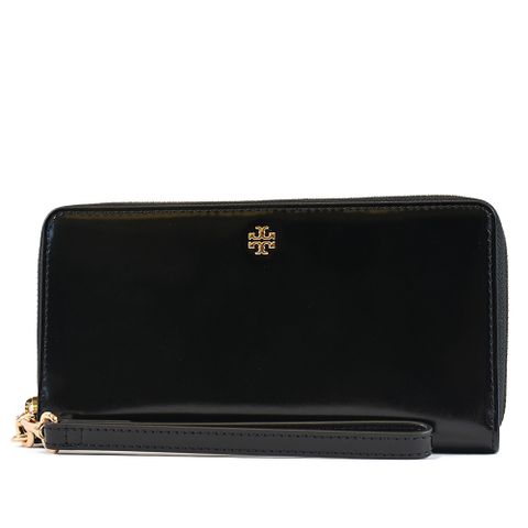 TORY BURCH EMERSON 金字LOGO亮面拉鍊手掛長夾-黑色