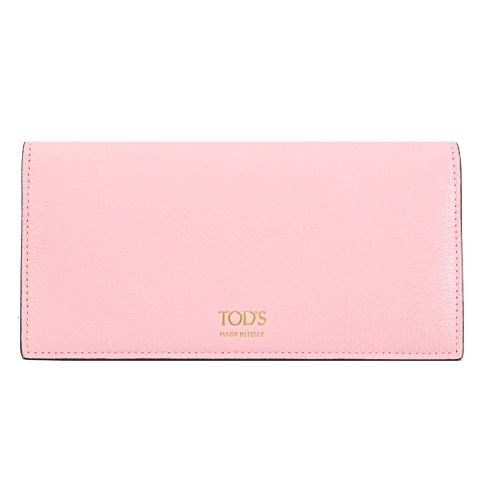 TODS 燙金LOGO荔枝牛皮內裏撞色對開零錢長夾.粉