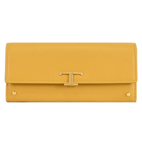 TODS T Timeless 金屬LOGO牛皮翻蓋釦式長夾.黃