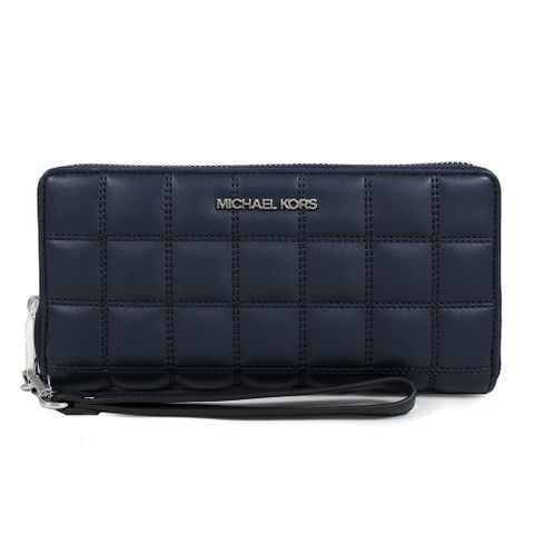 MICHAEL KORS JET SET TRAVEL 銀字LOGO海軍藍色绗縫方格手提式長夾