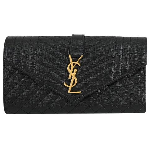 YSL 681276 ENVELOPE V字紋牛皮翻蓋扣式長夾.黑
