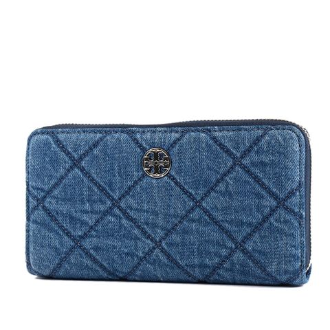 TORY BURCH Willa 銀色LOGO單寧布菱格紋拉鍊長夾-單寧藍