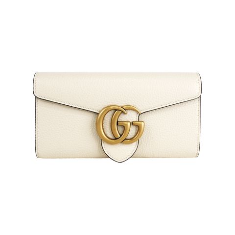 GUCCI Marmont 金色標誌粒紋皮革釦式二折長夾(象牙白) 779776 A7M0T 9522