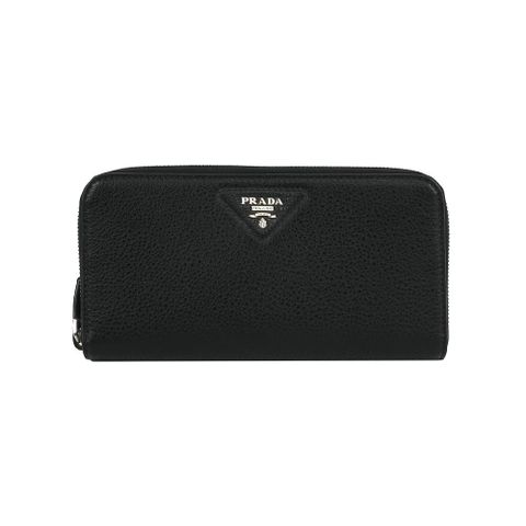 PRADA 縫線三角Logo ㄇ形拉鍊長夾(黑色) 1ML506 2BBE F0002