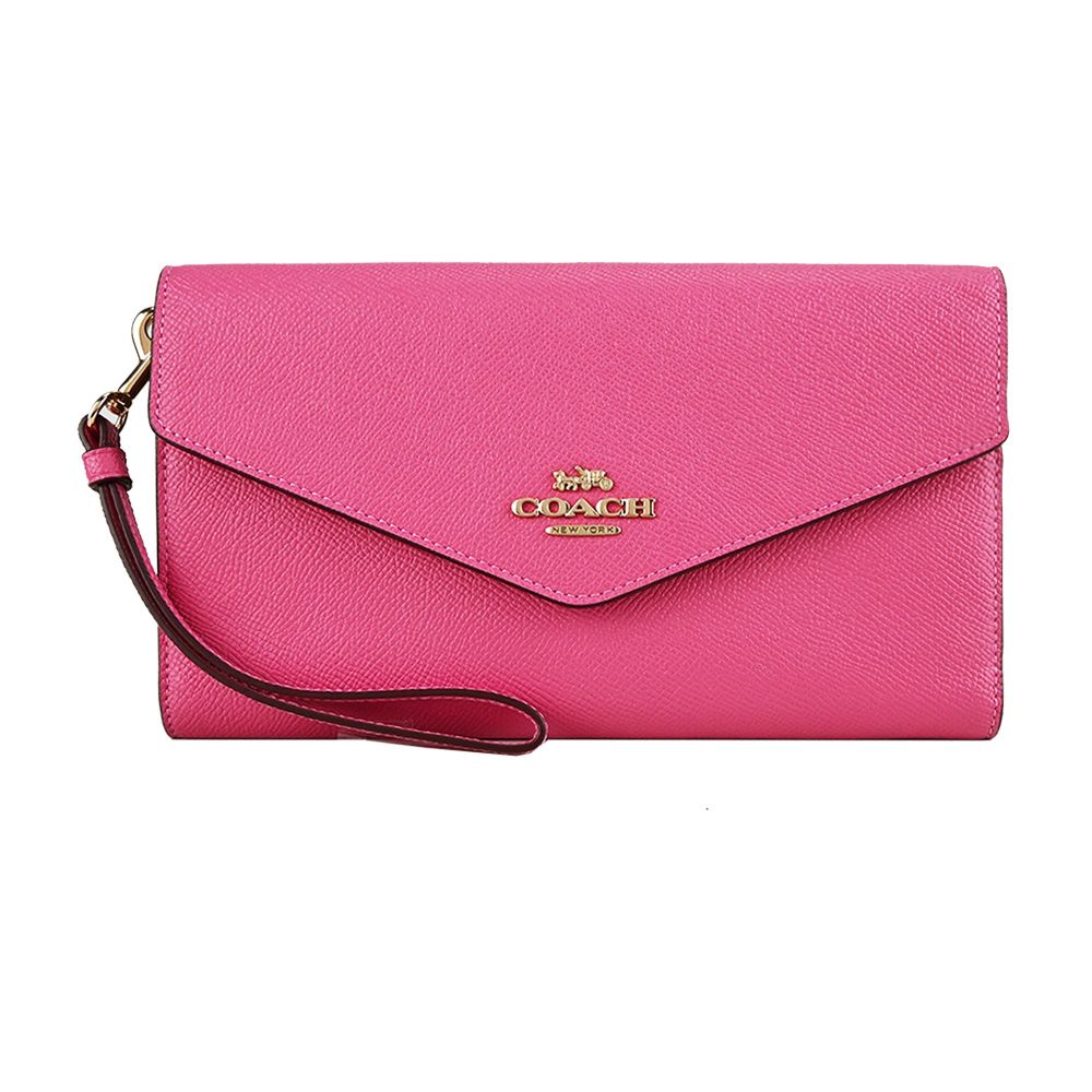 COACH 蔻馳  經典馬車LOGO防刮牛皮信封式手掛護照長夾(糖果粉)