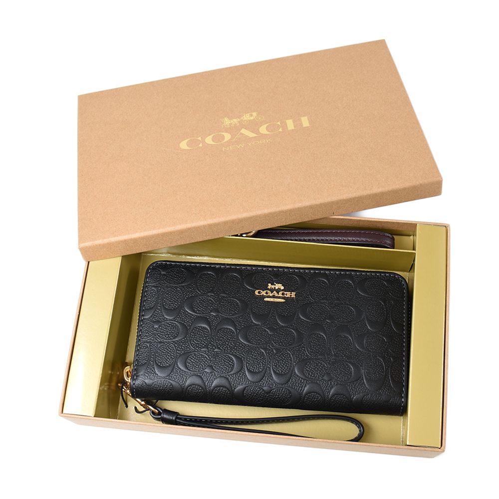 COACH 蔻馳  浮雕LOGO手掛式拉鍊長夾禮盒-黑色