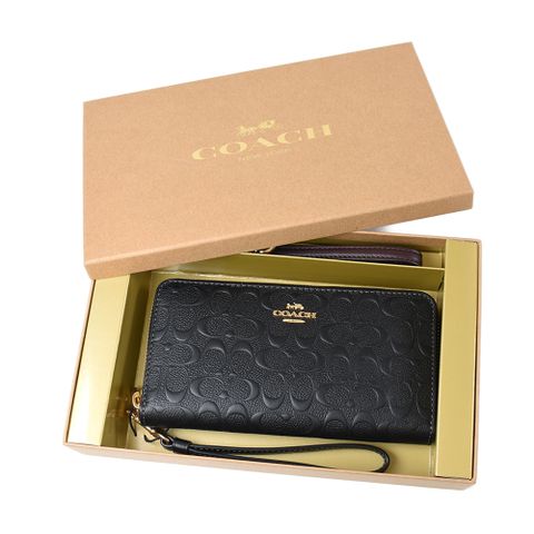 COACH 浮雕LOGO手掛式拉鍊長夾禮盒-黑色