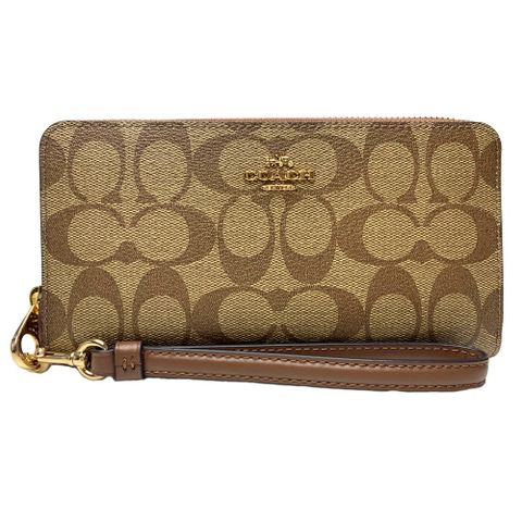 【COACH】金標馬車LOGOㄇ型拉鍊可拆手拿滿版防刮長夾－焦糖咖